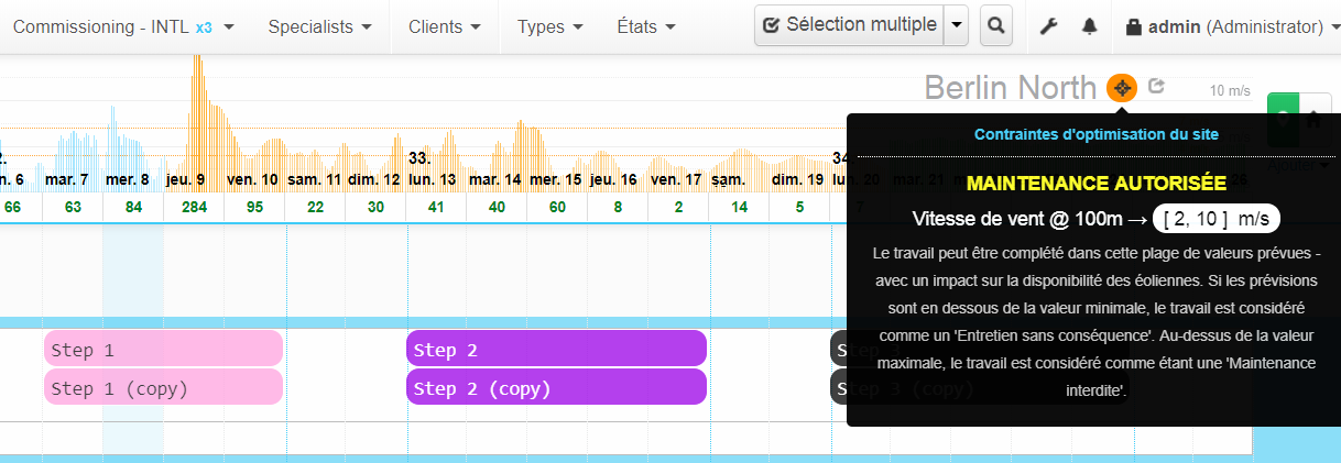 Optimisateur : contraintes de site dans le calendrier.