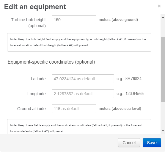 Coordinates: wind turbine location and hub height.